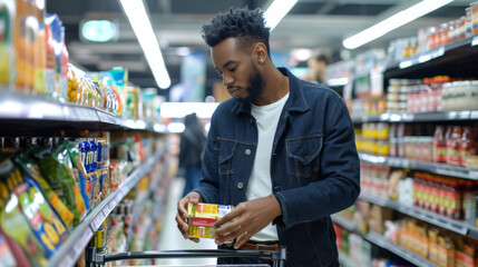 man in a grocery store aisle, carefully examining a product he is holding in his hands