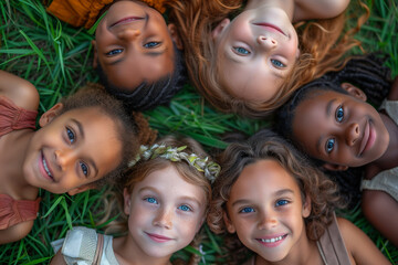 Top view of six smiling children, around 13 years old, lying on green grass with their heads close together.