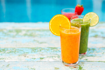 Assortment of fruit and vegetables smoothies Health or detox diet food concept.