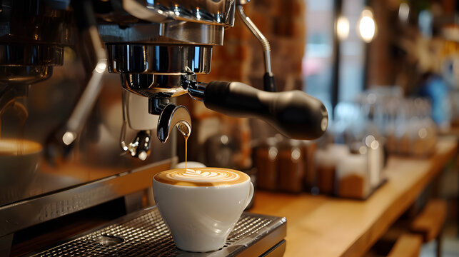 A robotic barista crafting intricate latte art merging culinary skills with automation.