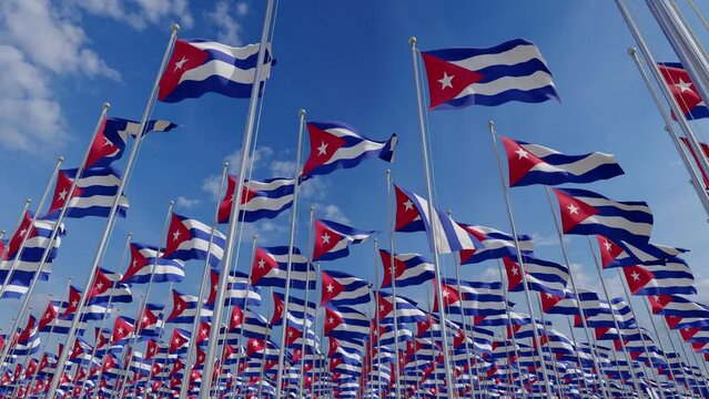 Cuban flag flying in the wind on a backdrop of blue sky. 3D Realistic waving Flags of Cuba.
Flags blowing in the wind. High resolution digital render of flags. National flag fly in the wind.