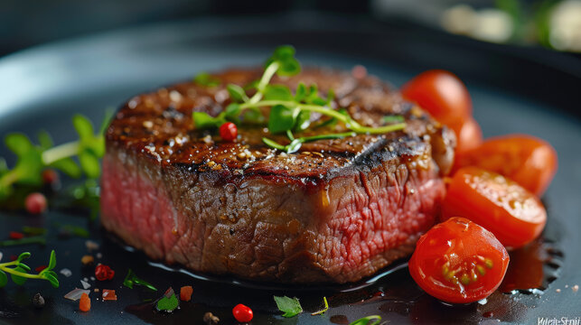 Grilled beef steak with rosemary served , creating a delicious and gourmet dinner