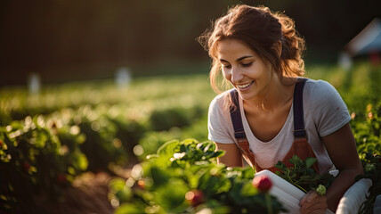 Summer on the Farm: Woman Working in Strawberry Fields