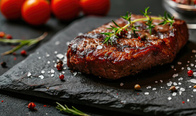 Freshly cooked new york strip in mediterran and modern kitchen