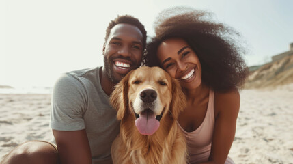 close-up selfie of a happy couple with a golden retriever dog