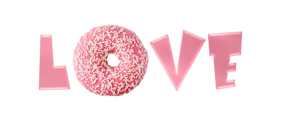Fresh baked pink donut with white sprinkles as letter O in word LOVE isolated on white background....