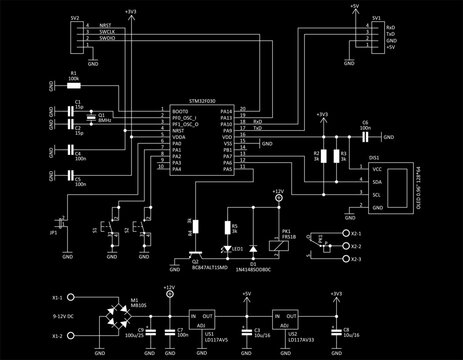 Technical schematic diagram of electronic device.
Vector drawing electrical circuit with 
power supply unit, button, controller, 
lcd display, led, integrated circuit, capacitor, resistor,
relay.