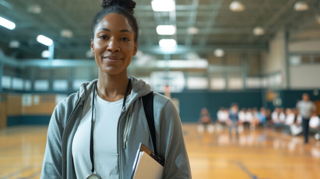female coach holding a clipboard is standing in a gymnasium with a group of students seated on the floor in the background