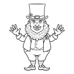Waving St Patrick's Day leprechaun character. vector illustration, monochrome, outline
