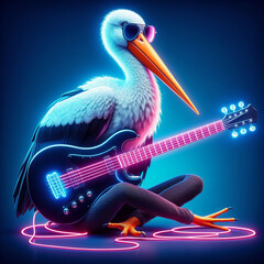 A cartoon of a bird playing a guitar - obrazy, fototapety, plakaty