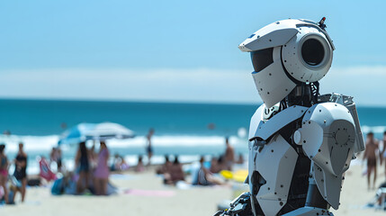 A robot acting as a lifeguard at a busy beach enhancing safety and emergency response. - obrazy, fototapety, plakaty