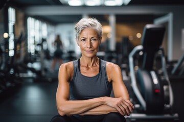 Portrait of a concentrated mature woman doing sit ups in a gym. With generative AI technology