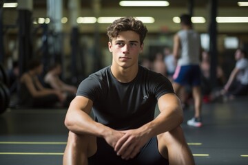 Portrait of a relaxed boy in his 20s doing sit ups in a gym. With generative AI technology