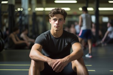 Obraz premium Portrait of a relaxed boy in his 20s doing sit ups in a gym. With generative AI technology