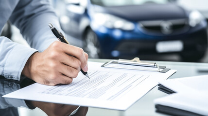 Man signing car insurance document or lease paper. Writing signature on contract or agreement. Buying or selling new vehicle.

