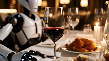 A robotic sommelier recommending wine pairings in a fine-dining restaurant combining AI with culinary expertise.