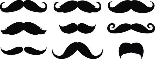 moustache set. Decorative elements for booth. vector of accessories or symbol element. Retro style moustache, Textured mustache, Silhouette black vintage moustache isolated on transparent background.