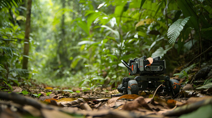 A robotic wildlife observer capturing rare animal behavior in a remote jungle.