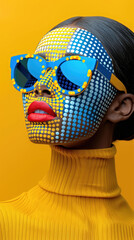 Pop art woman portrait: Minimalist pixels and dots contrast in a modern flat collage. Stylish model with geometric makeup on a vibrant flat background, influenced by pop art aesthetics.