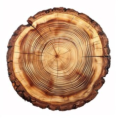 smooth cross section brown tree stump slice with age rings cut fresh from the forest with wood grain isolated on white