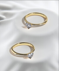 Two heart-shaped diamond rings on a white background. Valentine's Day Diamond Ring Gift Idea with 3D Rendering Design.