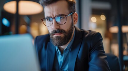Fototapeta premium Side view of mid aged ambitious male entrepreneur using laptop computer sitting in modern office. Mature man in framed glasses in smart casual shirt staring the screen seriously, copy space.