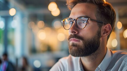 Side view of mid aged ambitious male entrepreneur using laptop computer sitting in modern office. Mature man in framed glasses in smart casual shirt staring the screen seriously, copy space.