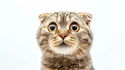 Foto op Plexiglas Funny surprised young cat make big eyes closeup isolated on white background, Breed Scottish Fold. © Jasper W