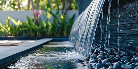 Modern outdoor home water feature fountain waterfall as wide banner with copy space area for garden landscape design concepts. - Powered by Adobe