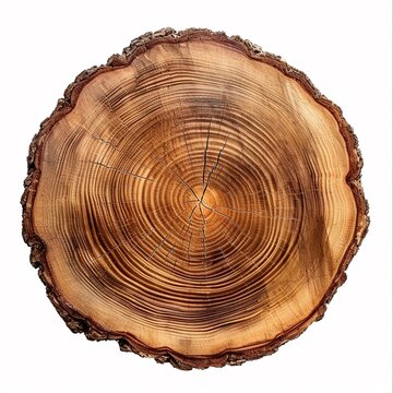 smooth cross section brown tree stump slice with age rings cut fresh from the forest with wood grain isolated on white