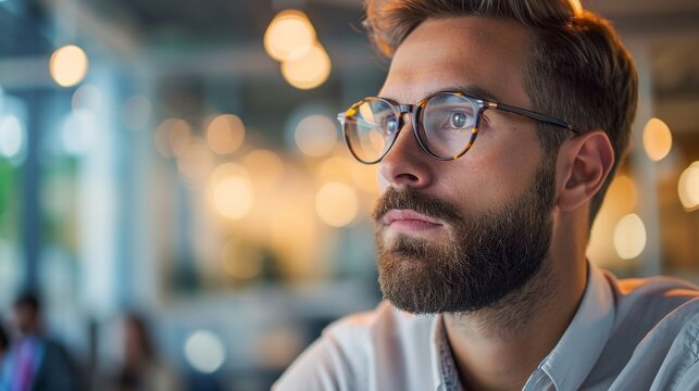 Side view of mid aged ambitious male entrepreneur using laptop computer sitting in modern office. Mature man in framed glasses in smart casual shirt staring the screen seriously, copy space.