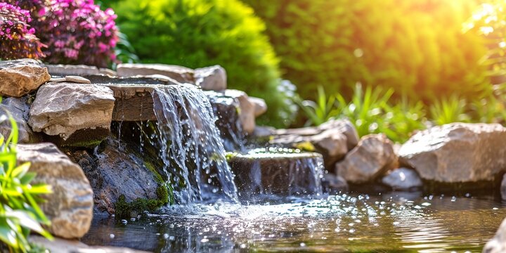 Modern outdoor home water feature fountain waterfall as wide banner with copy space area for garden landscape design concepts.