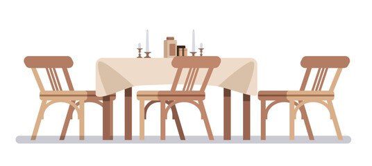 Kitchen table with tablecloth and wooden chairs. Flat illustration on isolated background