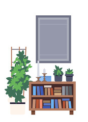 Wooden bookcase with house plants and photo frame. Retro bookshelf interior furniture on isolated background. flat illustration