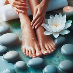 Fotobehang Closeup photo of beautiful female feet with pedicure in spa salon. © Valeryi