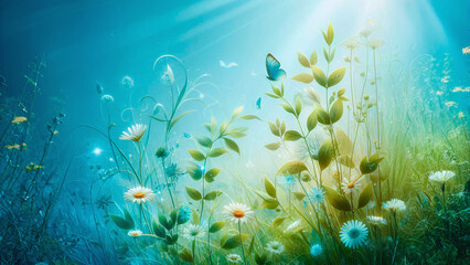 floral background with grass, daisies and sunbeams