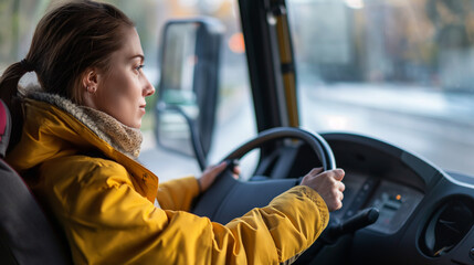 Professional female bus driver behind steering wheel. Gender equality in work opportunities, breaking traditional stereotypes. Woman with good driver skills for passenger vehicle.
