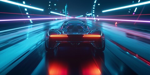 Futuristic EV car with motion lighting on highway with full self driving system activated for transportation autonomy concepts, Automotive innovation and technology concepts. 