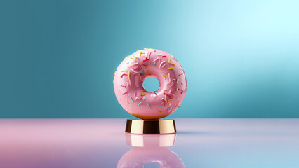 Pink glazed doughnut on gold podium against pastel blue and pink background. Original candy decoration. Minimal donuts concept. Creative layout. Valentine's or Woman's day gift idea.