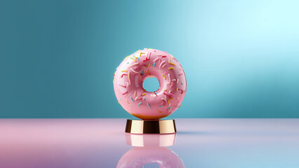 Pink glazed doughnut on gold podium against pastel blue and pink background. Original candy decoration. Minimal donuts concept. Creative layout. Valentine's or Woman's day gift idea.