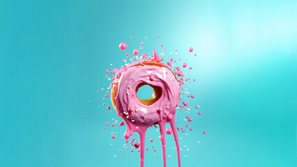 Levitate pink glazed doughnut against pastel blue background. Original candy decoration. Minimal donuts concept. Creative layout. Valentine's or Woman's day gift idea.