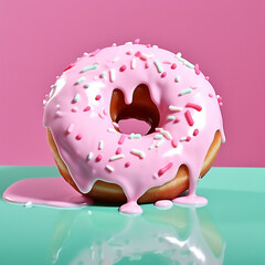 Pink glazed doughnut against pastel blue and pink background. Original candy decoration. Minimal donuts concept. Creative layout. Valentine's or Woman's day gift idea.