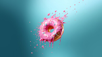 Levitate pink glazed doughnut against pastel blue background. Original candy decoration. Minimal donuts concept. Creative layout. Valentine's or Woman's day gift idea.