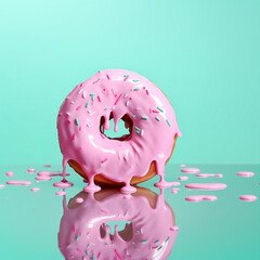 Pink glazed doughnut against pastel blue background. Original candy decoration. Minimal donuts concept. Creative layout. Valentine's or Woman's day gift idea.