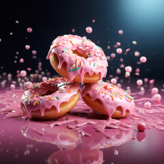 Pink glazed doughnut against pink and black background. Original candy decoration. Minimal donuts concept. Creative layout. Valentine's or Woman's day gift idea. Frosting splash