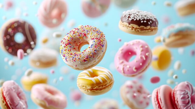 Confectionery and sweets collage. Donuts, cupcakes, cookies, macaroons flying over blue background.