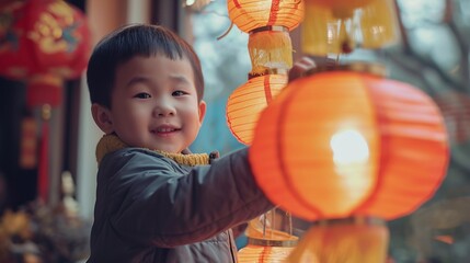 Fototapeta premium Pretty little boy hanging Chinese lanterns with new year wishes together with mom, decorate home before holiday, concept of celebrating Chinese new year, Spring festival home decoration.