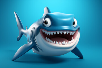 Shark character with mouth open on blue background.