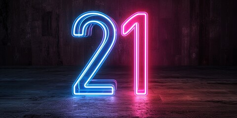 3d render, number twenty one glowing in the dark, pink blue neon light, concept of 21 birthday.