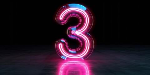 3d neon light number three glowing in the dark, pink blue neon light digital number 3, copy space.